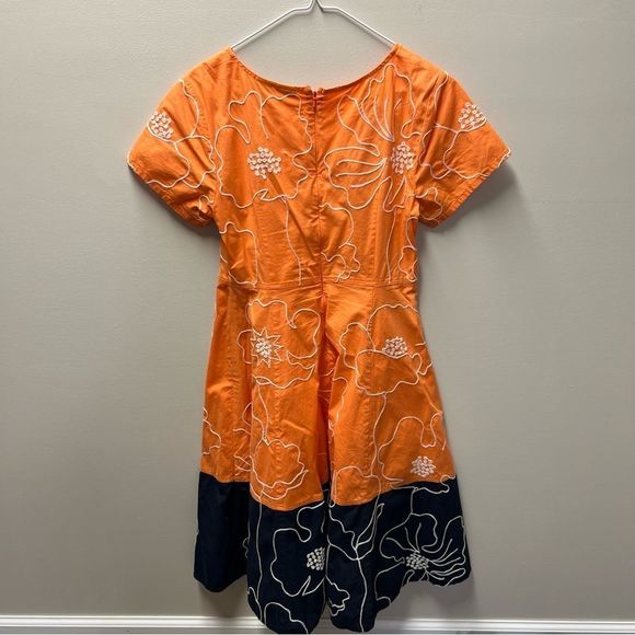 Eshakti Dress Orange Navy Blue Floral Print Custom Fit And Flare Midi Small? - Picture 6 of 8